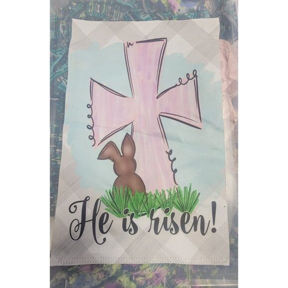 Easter Garden Flag With Cross & Bunny - "He Is Risen!" - Outdoor Decor Double Si - Picture 2 of 2